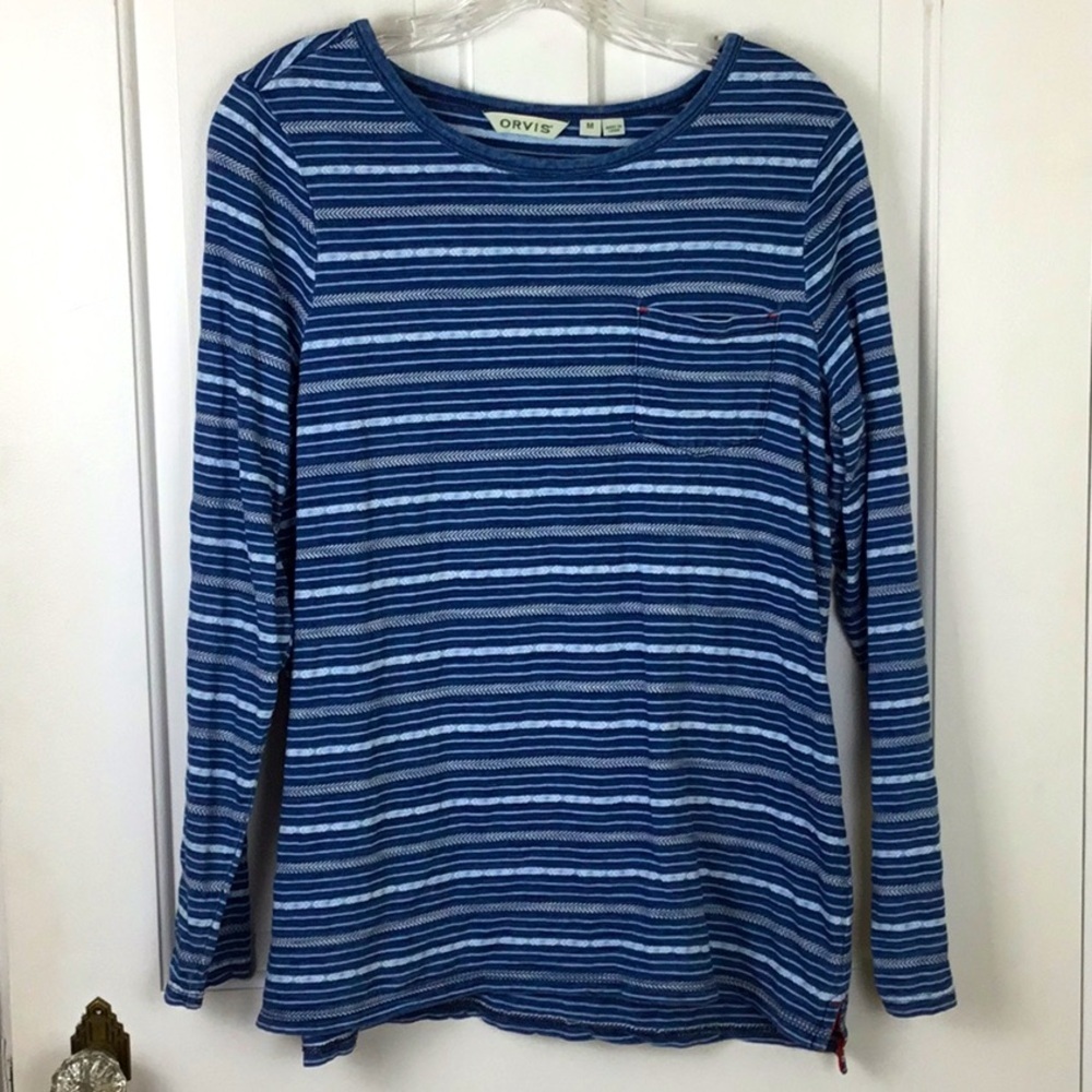 Orvis Womens Blue Striped Long Sleeve Crewneck Top Cotton Size M